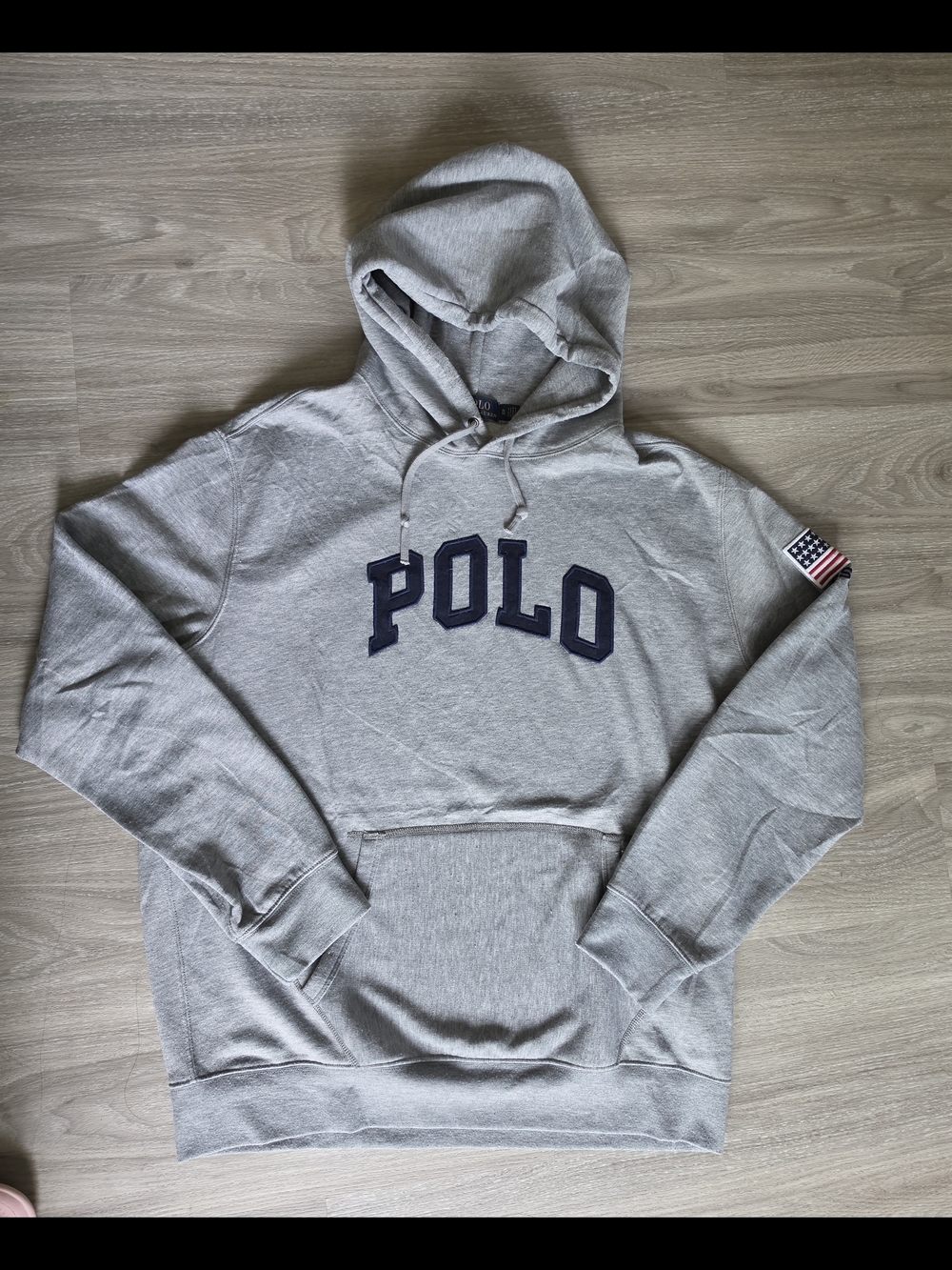 SOLD. Ralph Lauren Gray 'POLO' Hooded Sweatshirt with Navy Lettering